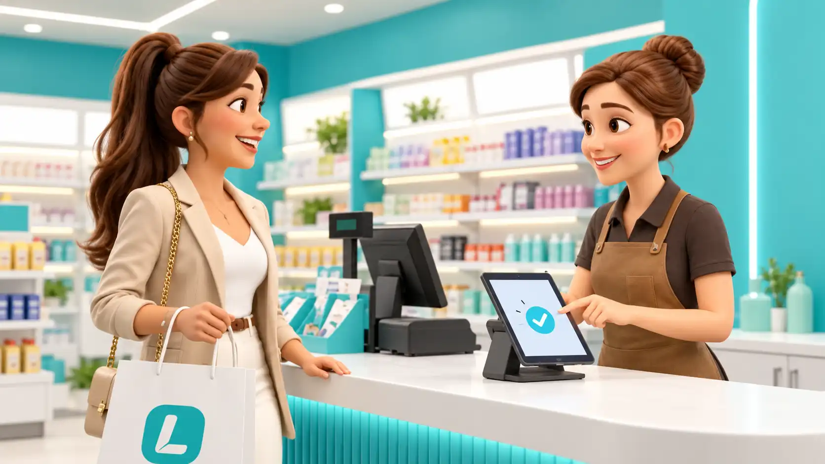 Una clienta suma un sello en la tableta del comercio
