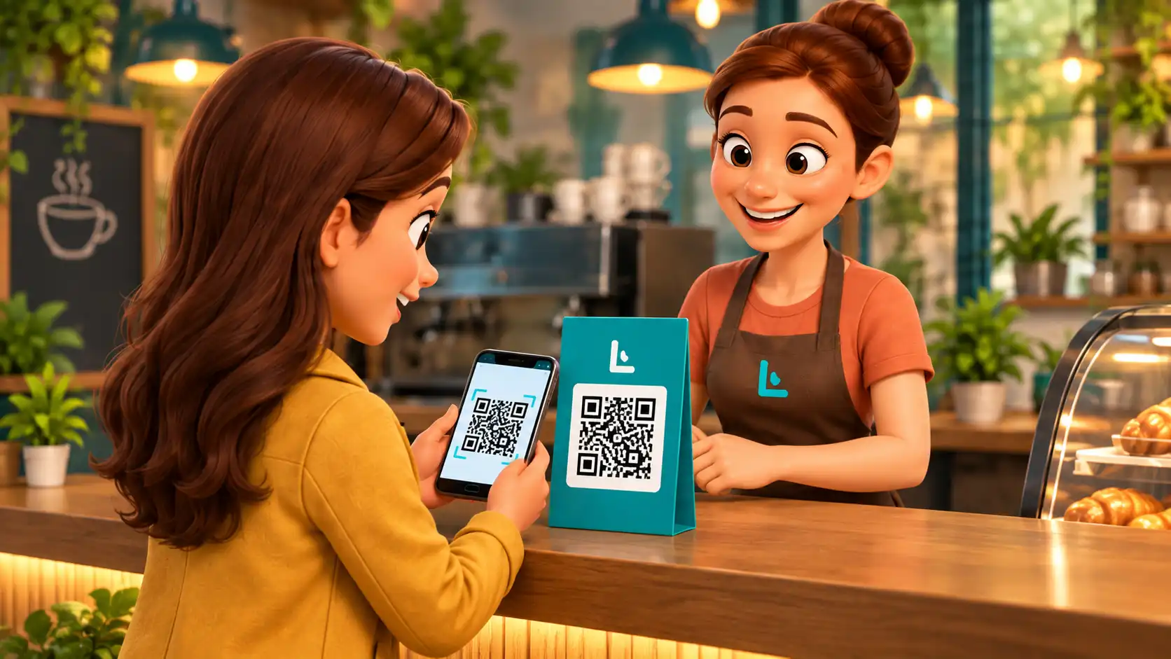 Una clienta escanea con su teléfono el código QR de Lealtapp en el mostrador